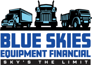 A blue skies equipment finance logo with trucks.